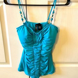 Bisou Bisou Michele Bohbot turquoise bodycon spaghetti strap blouse size XS, NWT